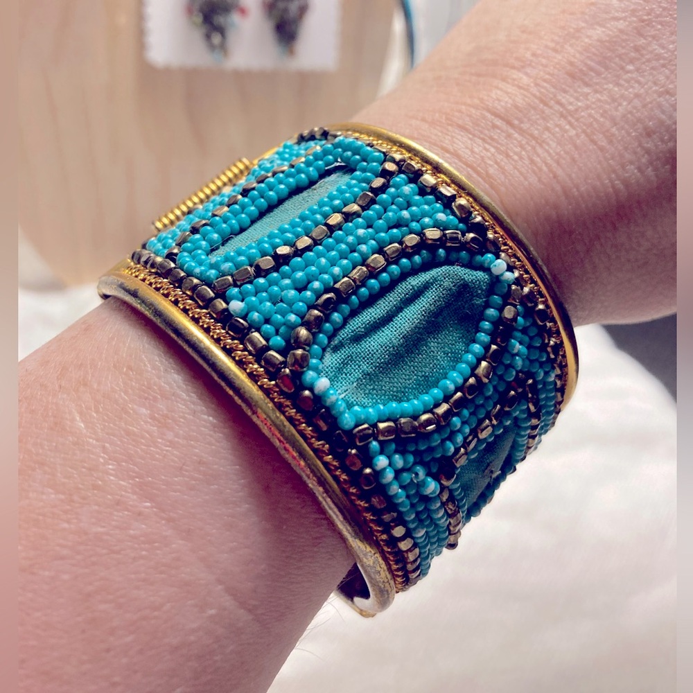 *3 for $20* Boho Jewelry Set—Turquoise Cuff + Bangles, Beaded Ring, Earrings.
